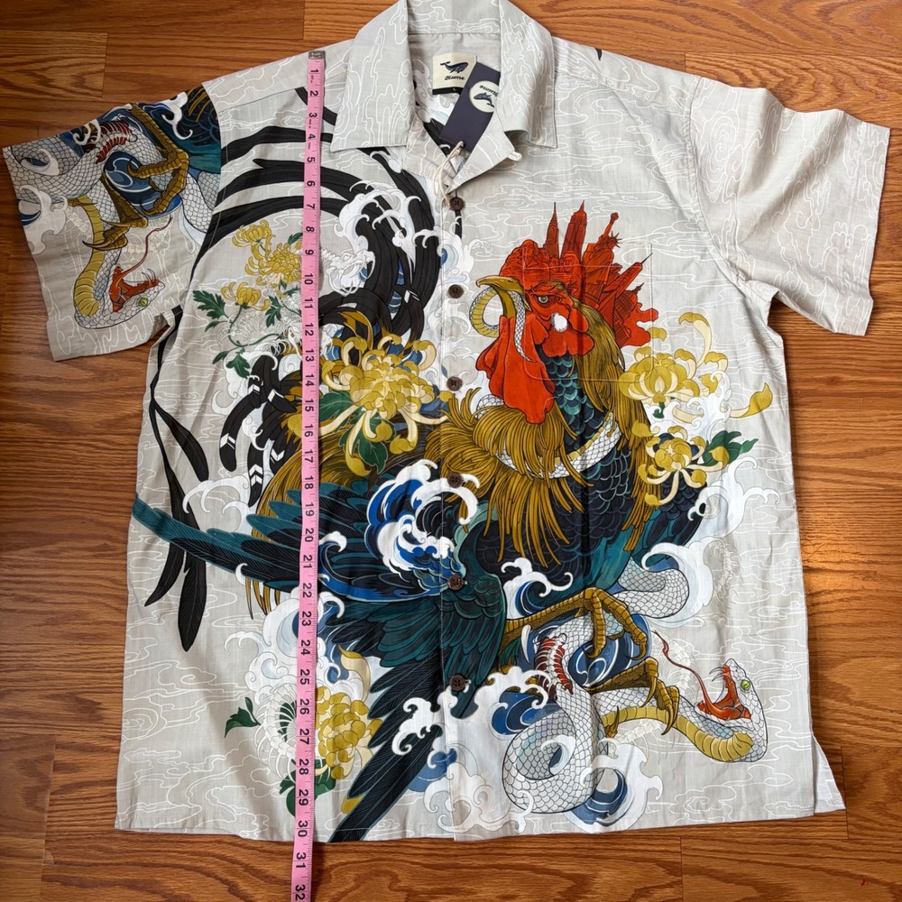 NWT Yiume Rooster Surf Hawaiian Shirt Cotton Short Sleeve Large Tropical Resort - Picture 10 of 11